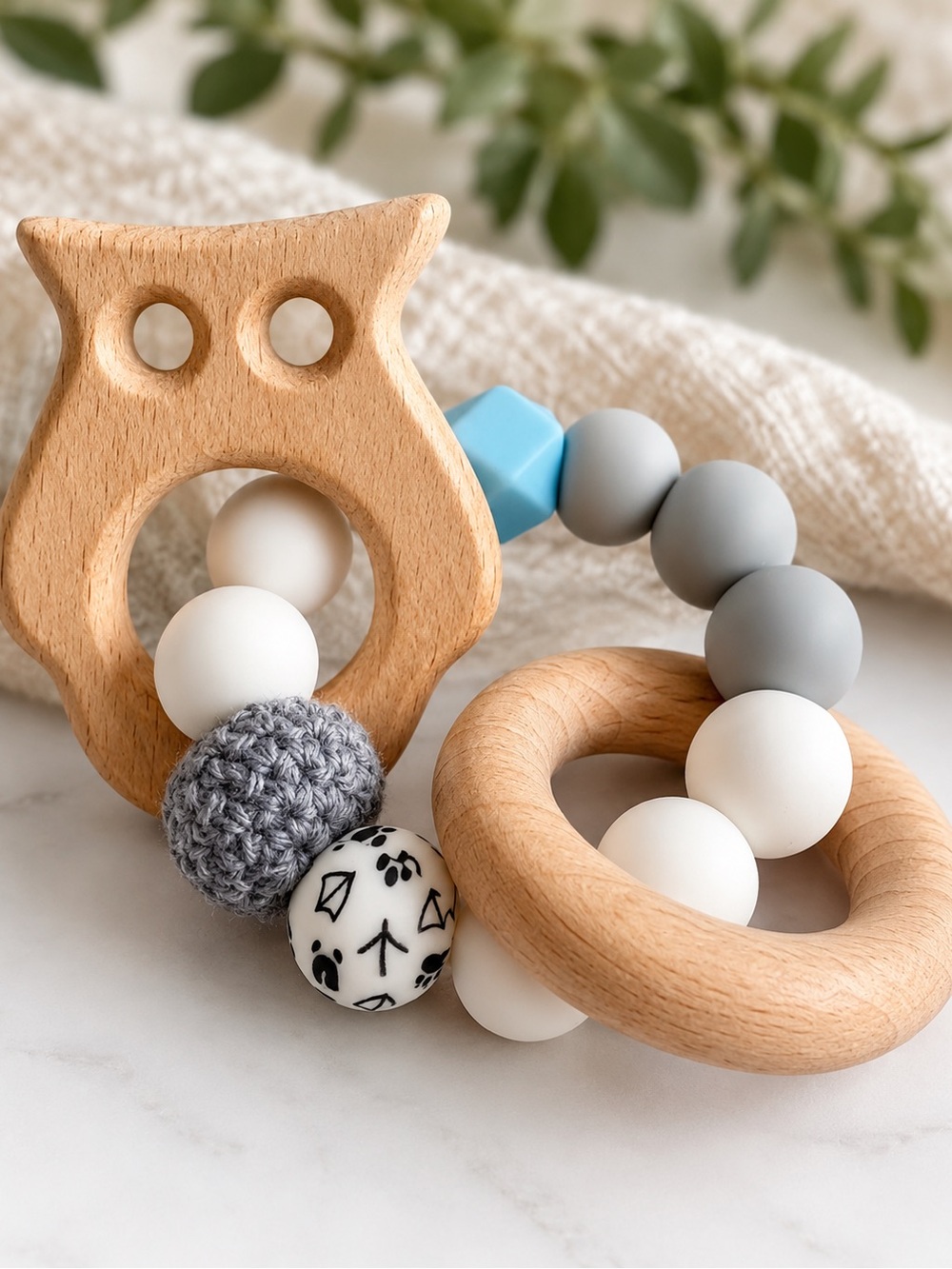 Handmade Natural Wood Teething Toys with Food Grade Silicone Beads